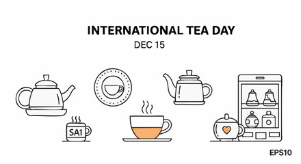 International Tea Day illustration showing teapots, cups of tea, and a cabinet with tea-related items in a minimalist line art style.