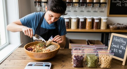 Young person mixing bulk food ingredients in a large bowl