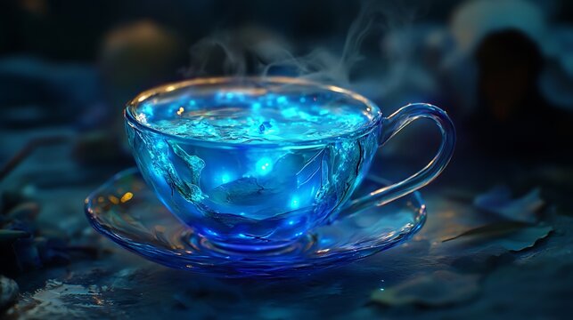 Tea cup glowing softly with bioluminescent algae