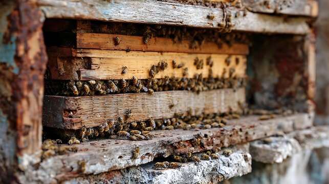 Closeup of bees in an old wooden beehive with yellow honeycomb and brown wax, capturing the nature of apiculture and sweet honey production