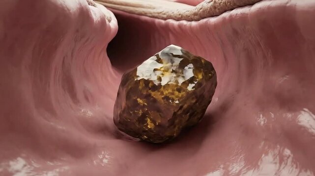 Close Up Realistic 3D Medical Animation of a Gallstone Lodged Within the Gallbladder Showing Yellowish Brown Stone with White Deposits Against Pinkish Inner