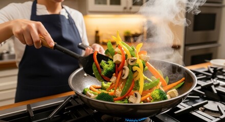 Person cooking stir fry with fresh vegetable mix in wok