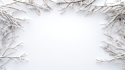 Snowy tree branch frame on white background, serene winter composition, minimal calm