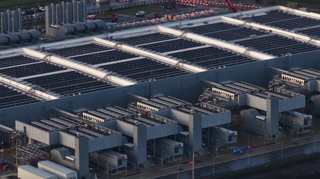 Aerial drone video footage of a hyperscaler data center facility in Winschoten, Groningen, focusing on Artificial Intelligence, computing power, infrastructure, and renewable energy resources.