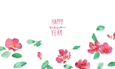 椿の和風年賀状フレーム。水彩画。水彩タッチのベクター和風背景。Japanese-style New Year's card frame with camellia flowers. Watercolor painting. Vector Japanese-style background with a watercolor touch.