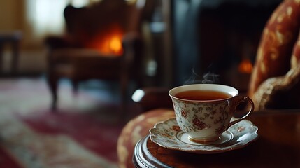 Fototapeta premium Tea cup in a cozy setting with a crackling fireplace