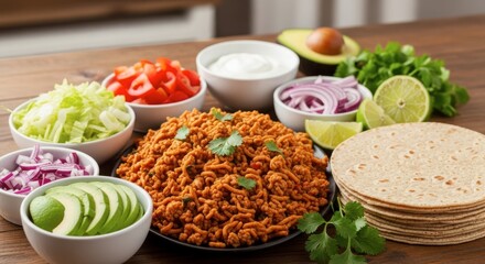 Taco filling and fresh ingredient spread for assembly