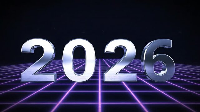 Futuristic 2026 countdown: neon grid and metallic numbers in motion