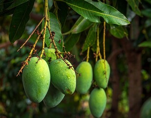 Close-up of green mangoes hanging from a tree branch