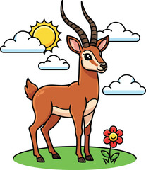 A cute cartoon gazelle with a brown coat white underbelly and long black ridged horns standing with a gentle smile.