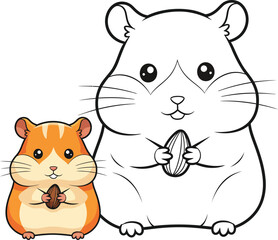 A cute cartoon hamster duo one colored orange and white the other a black and white outline for coloring both holding seeds.