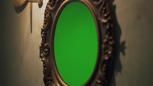 Elegant vintage ornate mirror frame featuring green screen ready for digital content compositing