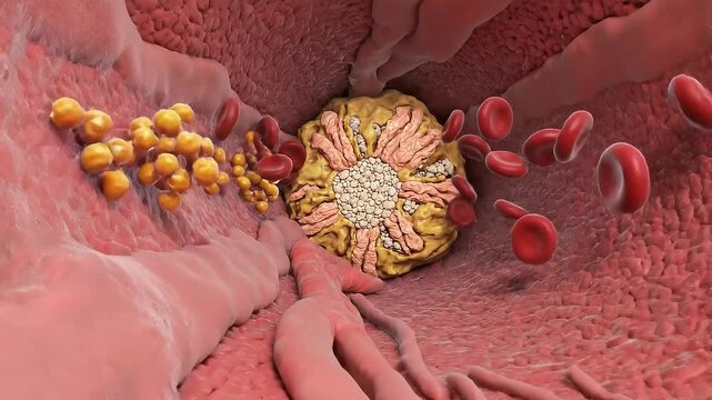 Close Up View Of Red Blood Cells Flowing Through A Vein With A Developing Blood Clot And Arterial Plaque Formation