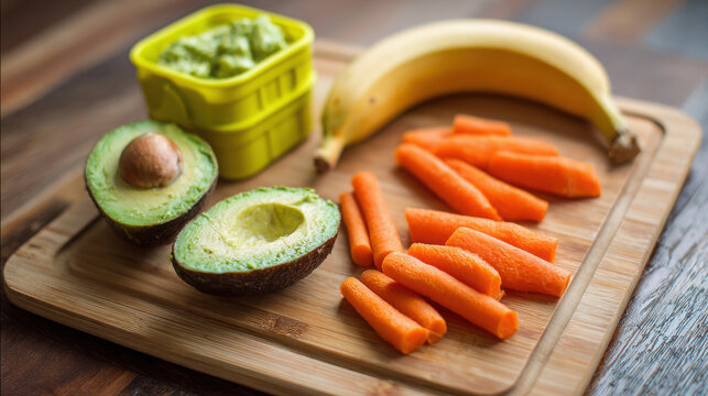 Fresh fruits and vegetables arranged on wooden board include avocado, banana, carrots, and guacamole, perfect for baby led weaning blw meals