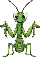 Cheerful Green Cartoon Praying Mantis Character Shrugging with a Friendly Smile and Big Eyes.