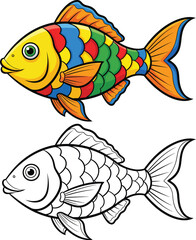 Colorful cartoon fish with vibrant scales and a black and white line art version for coloring.