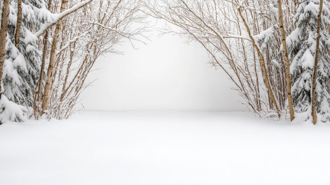 Snowy forest edge framed by birch and fir trees, serene winter scene with soft light