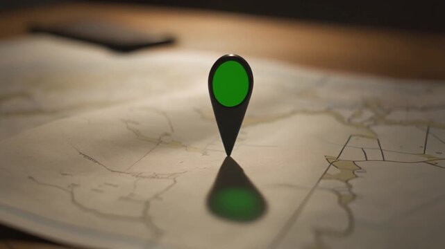 Location marker pin on a vintage map, signifying navigation, travel, and destination planning