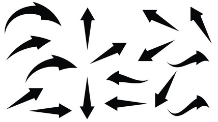 Black Arrow Icon Set with Curved, Straight and Directional Pointer Designs