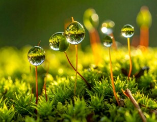 Close-up of green moss with water droplets, reflecting environment