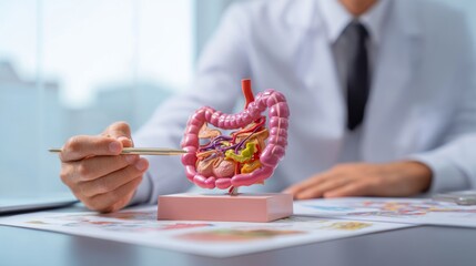 Gastroenterologist explaining digestive tract anatomy with a high-detail digestive system model, using teaching pointer and medical diagrams in a bright clinical room, medical education concept
