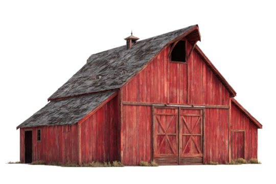 Classic weathered red barn with sliding doors evoking rustic charm and timeless Americana architecture style