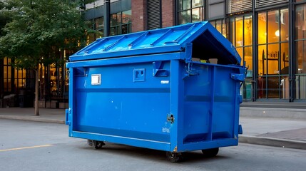 A green plastic recycling bin and blue trash can in a public outdoor environment for waste disposal
