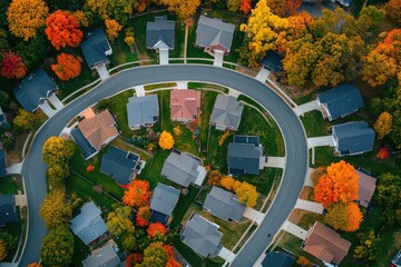 A vibrant neighborhood scene with a mix of residential and commercial buildings, surrounded by lush trees and vibrant autumn foliage.