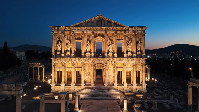 Illuminated facade of the library of celsus ruins in ephesus at twilight with city lights in the background