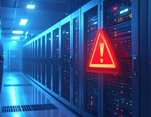 Server room aisle with glowing red warning sign