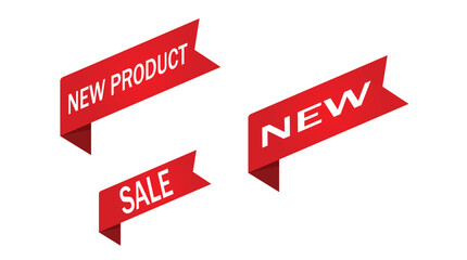 Red Ribbon Labels Set with New Product, Sale and New Tags
