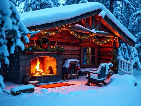 Snowy cabin with cozy fireplace glow, evoking warmth and festive cheer,  cabin,  festive
