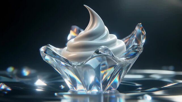 Crystal-clear 3D yogurt sculpture forming slowly, shimmering highlights, 