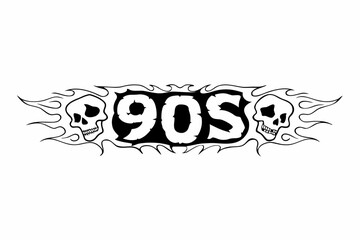 90s Retro Skull Logo with Gothic Flames and Grunge Style