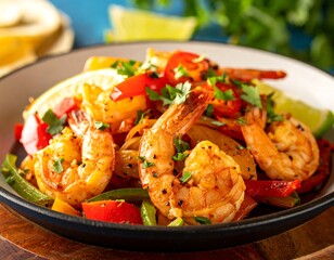 Close-up of grilled shrimp with colorful peppers, cilantro, lime