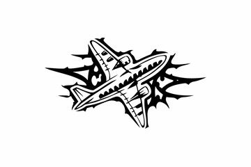 Stylized Tribal Airplane Illustration with Jagged Edges and Black work Details