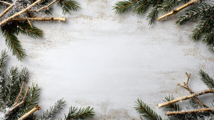 Snowy pine branch frame with frosted wooden background and golden twigs