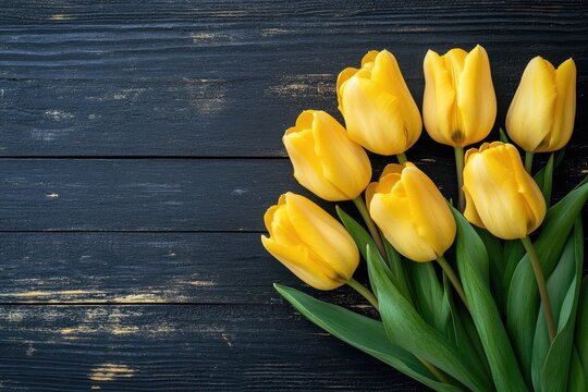 A vibrant spring scene with yellow tulips blooming in a garden, surrounded by lush green foliage and a wooden fence in the background.