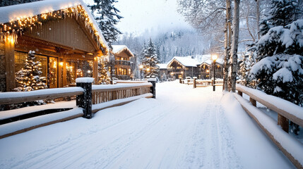 Fototapeta premium Cozy snowy village lane with warm lit cabins and festive lights, peaceful winter evening
