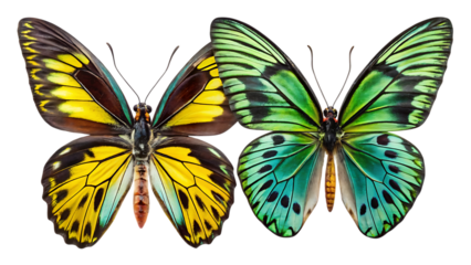 Two vibrant butterflies, one yellow and brown, the other green and blue, displayed side-by-side in a close-up studio shot against a plain background for stunning detail.