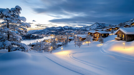 Snowy mountain village at dusk with illuminated cabins and winding ski tracks