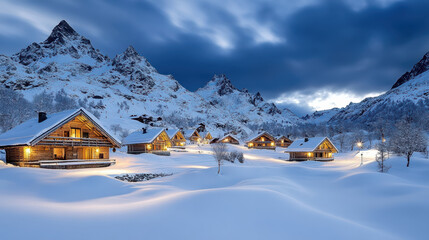 Snowy chalet village mountain winter cabin alpine landscape snow field glowing window dusk sky
