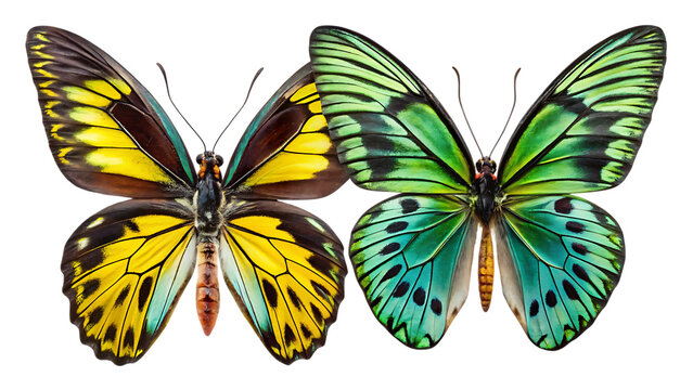 Two vibrant butterflies, one yellow and brown, the other green and blue, displayed side-by-side in a close-up studio shot against a plain background for stunning detail.