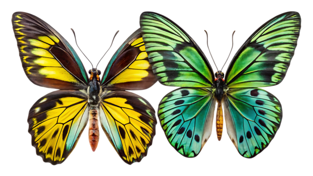 Two vibrant butterflies, one yellow and brown, the other green and blue, displayed side-by-side in a close-up studio shot against a plain background for stunning detail.