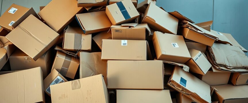 Pile of discarded cardboard boxes, showing wear and tear, broken, waste management