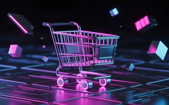 A 3d rendering of a shopping cart on a neon grid with floating cubes in a dark futuristic setting - Powered by Adobe