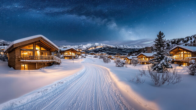 Snowy cabin village night sky with warm lights and starry milky way glow