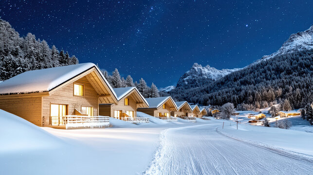 Snowy chalet village under starry sky with warm glowing windows and peaceful atmosphere