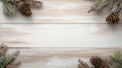 Rustic wood grain background with pine cones and evergreen sprigs, cozy natural arrangement