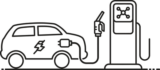 Fototapeta premium Simple line illustration of an electric car plugged into a charging station, symbolizing clean energy and sustainable transportation